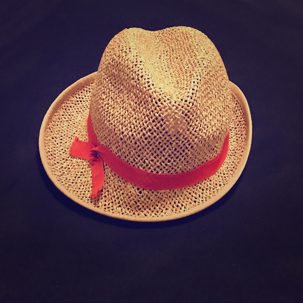Off set Fedora Hat Straw with Coral colored Band